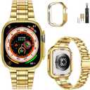 MioHHR Solid Stainless Steel Band Compatible with Apple Watch 49mm Ultra 3/2/1, Metal Strap with Soft TPU Case for iWatch Series Ultra 3/2/1 49mm Women and Men, Gold