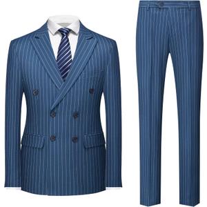 MOGU Mens Double Breasted Pinstripe Suit 2 Piece Slim Fit Tuxedo Formal Jacket and Pants for Business Wedding Prom (Medium, Lake Blue)
