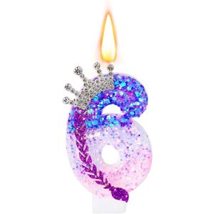 Sumind Kpop Birthday Number Candles, Purple Pink Birthday Candles for Cake, Glitter Number Cake Topper with Sequins for Celebrating Anniversary Theme Decorations(Braid Crown,6)