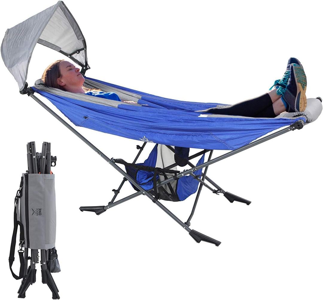 Portable Hammock with Stand, World's Best Mock ONE Hammock, Compact Folding Framed Hammock with Adjustable Sunshade Canopy for Park, Backyard, Garden, Camping, Hiking, Mountaineering, Beaches- Blue