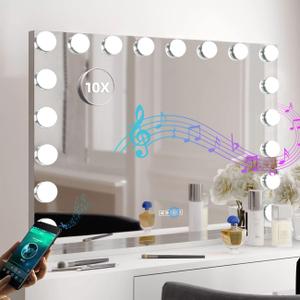 Fenair Large Vanity Mirror with Lights and Speaker Hollywood Lighted Makeup Mirror with Sturdy Base, 18 Dimmable LED Bulbs, 3 Light Colors, USB Charge Port, 31.5"x23"