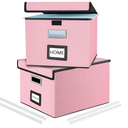 Huolewa Collapsible File Storage Organizer Boxes with Lids, Portable Large Linen Hanging Filing Storage Boxes, Decorative Home/Office Filling System for File and Folder Storage (Pink)-2 Pack
