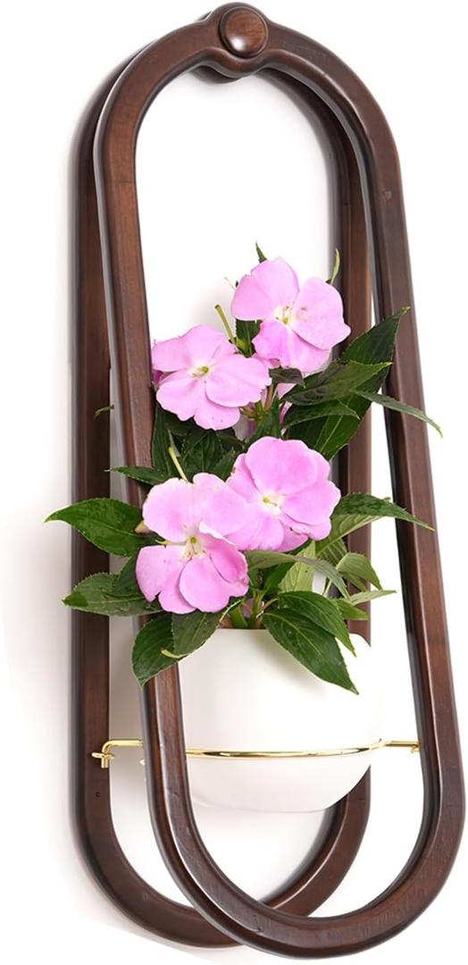 Wooden Wall Planters for Indoor - Modern Hanging Plant Stand Shelf with Ceramic Pot - Walnut Color (Set of 1)