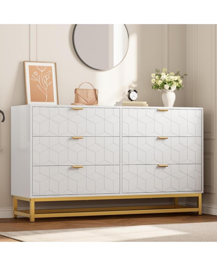 GAOMON Dresser for Bedroom, 53.5" Large Dresser Organizer, 6 Drawer with Golden Metal Handle and Legs, Modern Chest of Drawers, White Dressers with Drawers for Closet, Hallway, Living Room, Entryway