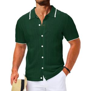 LETSEE Mens Short Sleeve Button Down Shirts Knit Polo Shirt Summer Beach Tops Resort Wear 2025 (Large, Dark Green)
