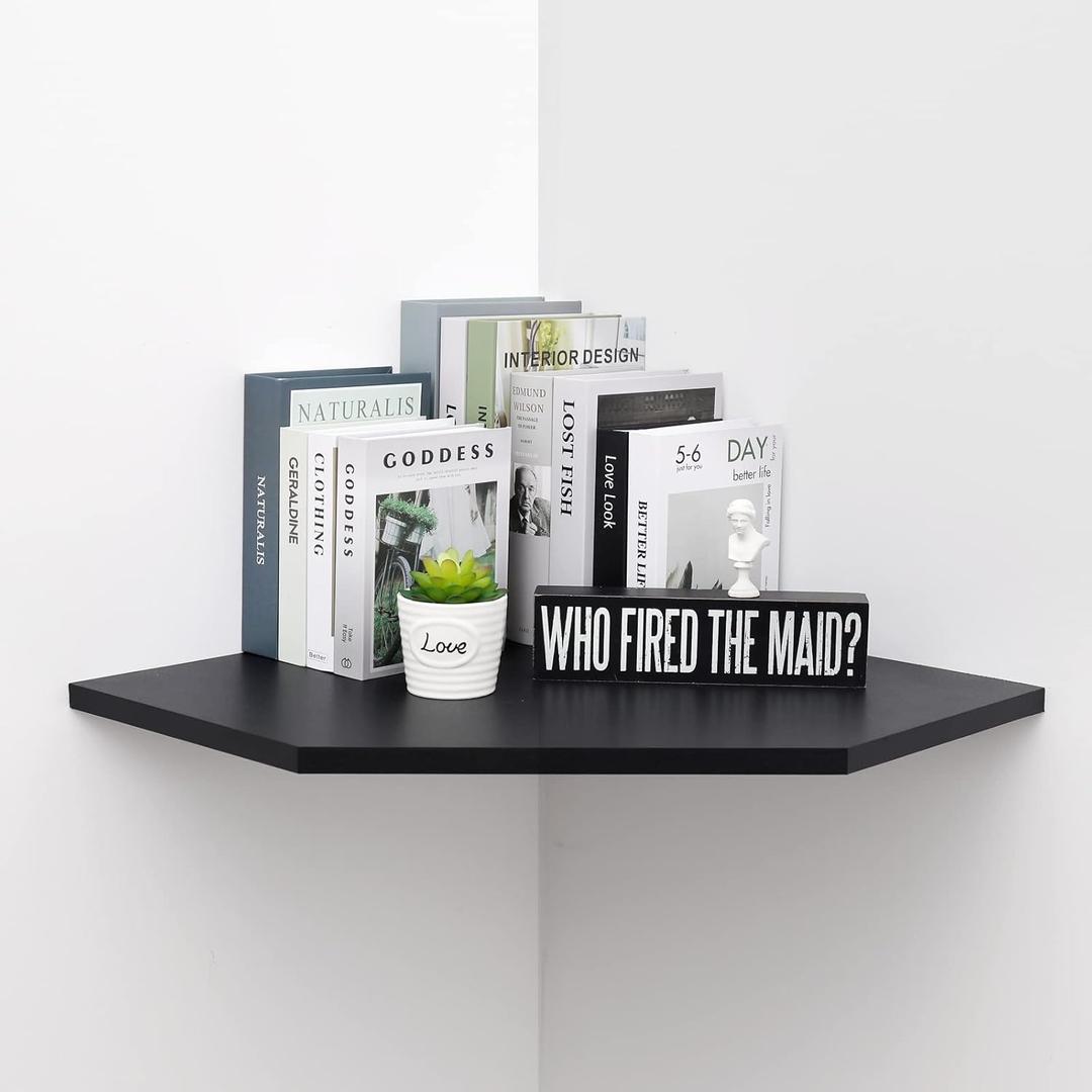 20-Inch Black Floating Corner Shelf, Pentagon Corner Wall Shelf with Wire Cable Hole for Bedroom, Living Room, Bathroom, Large Display Shelf for Cable Boxes/Games Consoles/TV Accessories