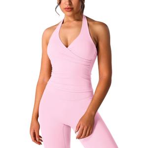 ABOCIW Women Wrap Halter Workout Tank V Neck Longline Sports Bras Backless Padded Gym Yoga Tank Tops Y2k Casual Crop (Large, Pink)