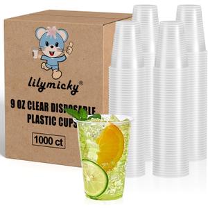 Lilymicky 1000 PACK 9 oz Clear Plastic Cups, 9 Ounce Disposable Drinking Cups for Birthday Parties, Picnics, Ceremonies, and any Events