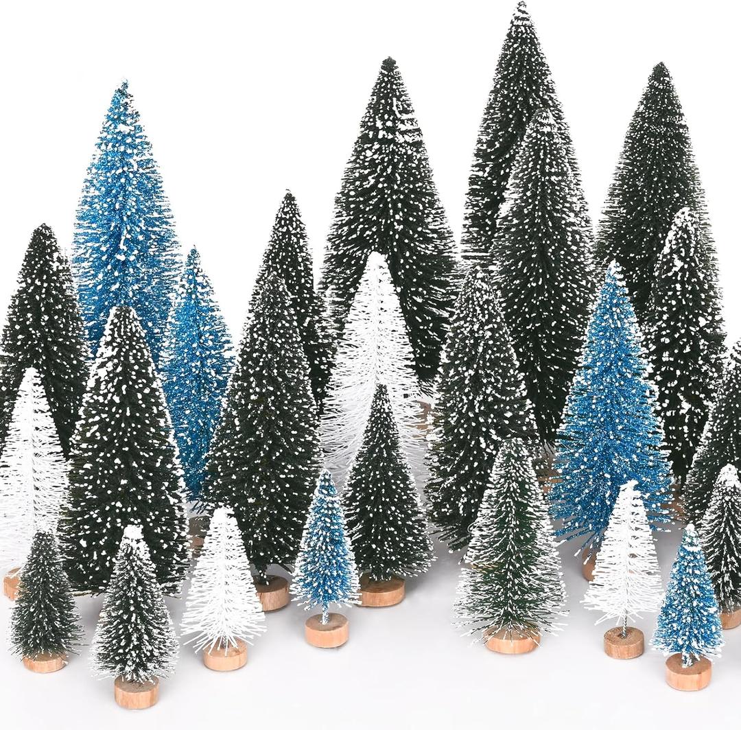 Waipfaru Christmas Decorations, 30 Pcs Blue Bottle Brush Christmas Trees, White Mini Christmas Trees, Miniature Pine Trees for Xmas Tabletop Crafts Indoor Table Home Decor (Blue & White)