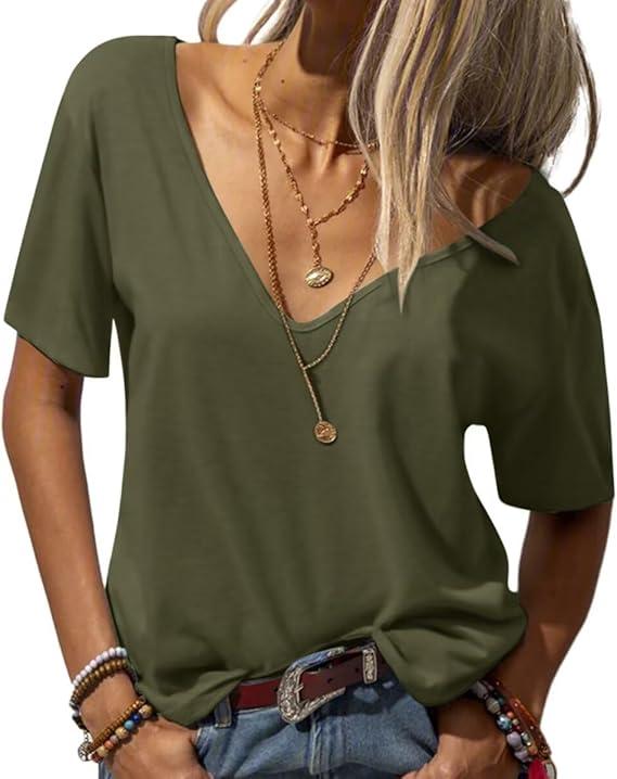 EACHYES Womens T Shirts V-Neck Half Sleeve Loose Fit Shirts Casual Solid Basic Tops Xl, Army Green