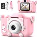 Goopow Kids Camera Toys for 3-8 Year Old Girls Boys,Children Digital Video Camcorder Camera with Cartoon Soft Cover, Best Chritmas Birthday Festival Gift for Kids - 32G SD Card Included (Pink-Cat)