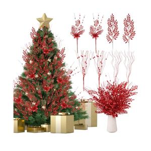 40 Pack Red Christmas Picks and Sprays for Tree 17.5'' Christmas Poinsettia Pick Artificial Glitter Berry Stem Xmas Tree Filler Ornament Branch for DIY Wreath