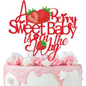 A Berry Sweet Baby is on the Way Cake Topper Red Glitter Strawberry Cake Decoration Baby Shower/Pregnancy Announcement/1st Birthday Themed Party Supplies