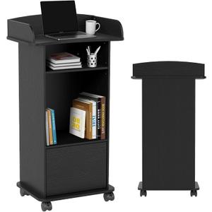 Podium Stand Portable with Wheels, Classroom Lectern for Teacher with Adjustable Storage Shelf, Mobile Rolling Church Pulpits, Office Wooden Reception Desk, Host Stand for School Conference, Black