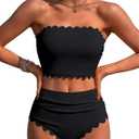 Charmo Cute Push Up Bikini Set for Women High Waist Scallop Strapless Bikini Swimsuit Lace 2 Piece Bathing Suit Black, Size: S