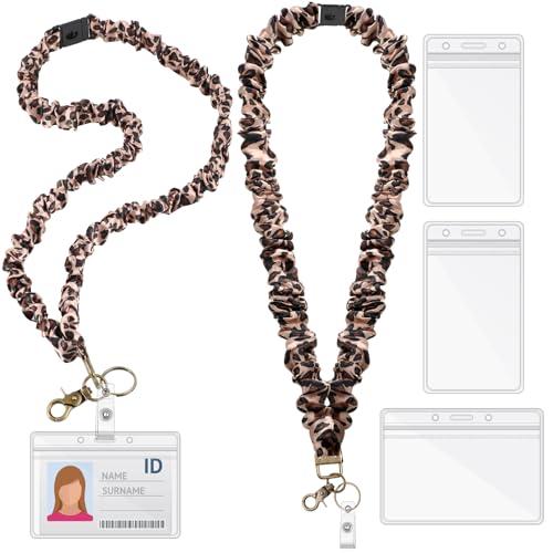 Geyoga 2 Set Teacher Scrunchie Lanyard with Safety Breakaway Buckle ID Badges Holder Retractable Lanyard for Office Teacher Gift(Leopard,Multicolor)