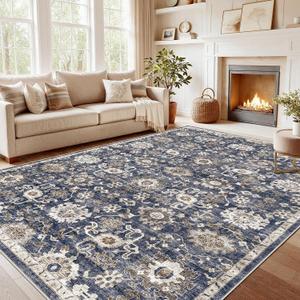 AMADA HOMEFURNISHING 9x12 Washable Area Rug, Low-Profile Large Area Rug with Non-Slip Backing & Durable Edge Binding, Vintage Large Rugs for Living Room, Bedroom & Dining Room