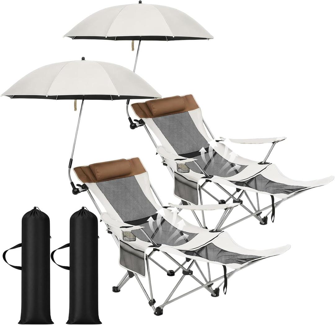 Colingmill 2 Pack Reclining Camping Chairs with 2 Umbrellas, Folding Beach Chairs with Footrest, Headrest, Cup Holder, 4-Position Adjustable Backrest Lounger for Lawn Outdoor, Picnic(Beige)