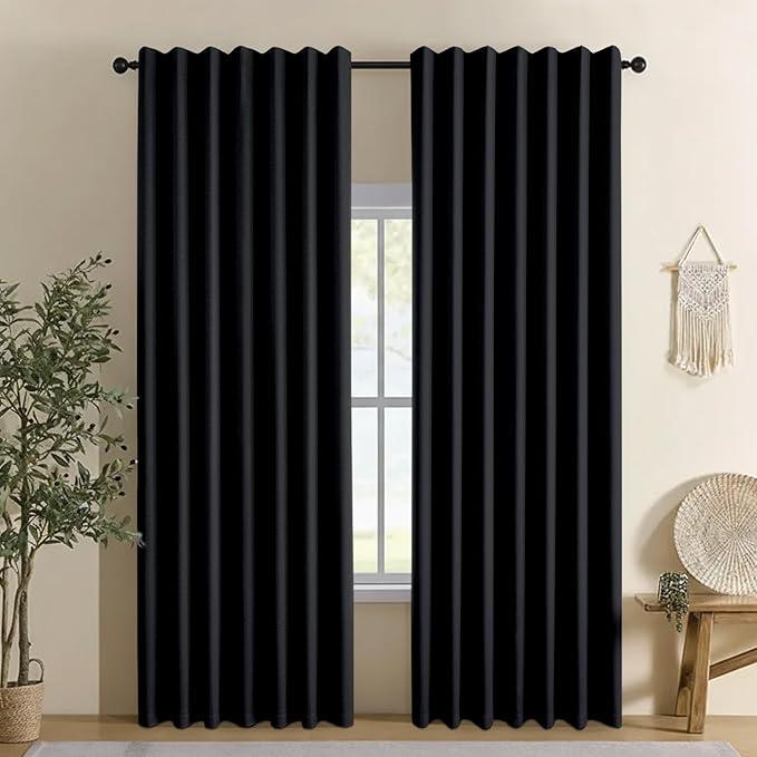 CYCMACO Linen 100% Blackout Curtains for Bedroom, Back Tab/Rod Pocket Room Darkening Curtains, Blackout Curtain for Living Room, Pinch Pleated Curtain(2 Panels Set, 42" W X 84" L, Black)