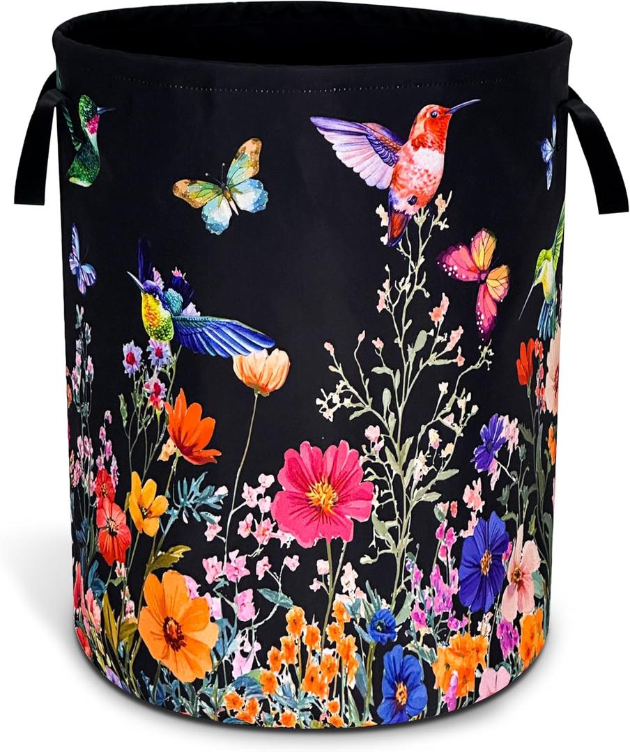 Hummingbird Flowers Laundry Basket Oxford Cloth Butterflies Laundry Hamper With Handle Foldable Portable Clothes Storage Basket 18.9 X 16.5 In Storage Bag For Laundry Room/Bathroom/Bedroom/Dormitories