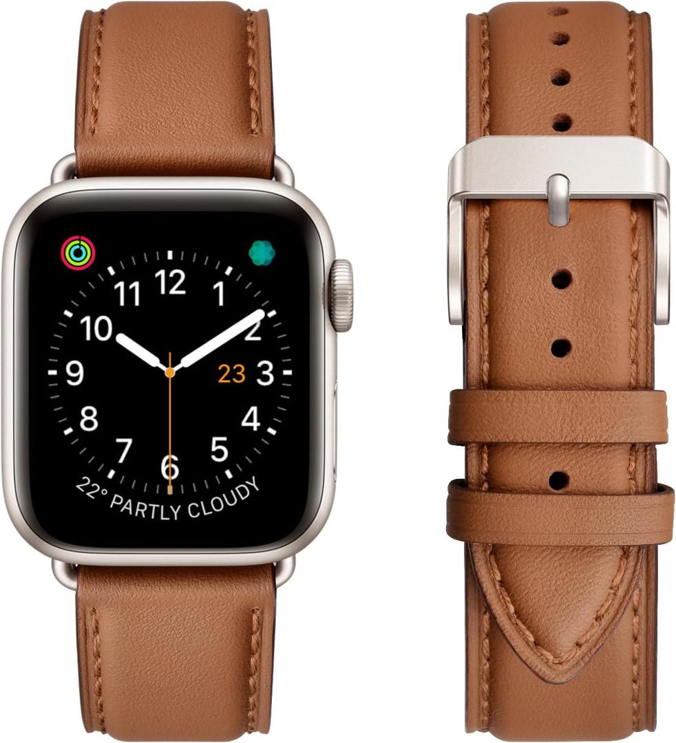 OMIU Leather Bands Compatible with Apple Watch Band 42mm(Series3 2 1) Genuine Leather Wristband Starp for iWatch SE Series 11 10 9 8 7 6 5 4 3 2 1 Ultra for Women Men (Brown/Starlight)