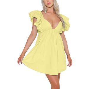 Zebaexf Womens Spring Summer V Neck Knot Back Causal Strap Short Flowy Swing Mini Dress, XS
