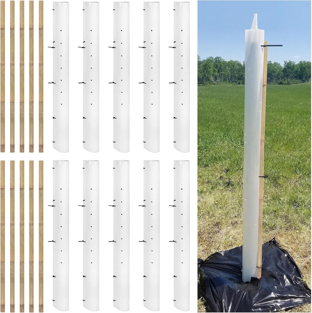 10 Set 48 Inch Tree Protector Set Include 10 Pcs Miracle Tree Grow Tube and 10 Fixing Stake with 50 Zip Ties 20 Mesh Bird Nets Plant Shelter Plant Protector for Outdoor Vented Sapling Watering