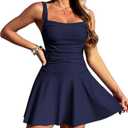 ZAFUL Swim Dress for Women Square Neck Tummy Control Ruched Swimsuit with Skirt Two Piece Bathing Suit with Brief (Medium, 0-navy Blue)