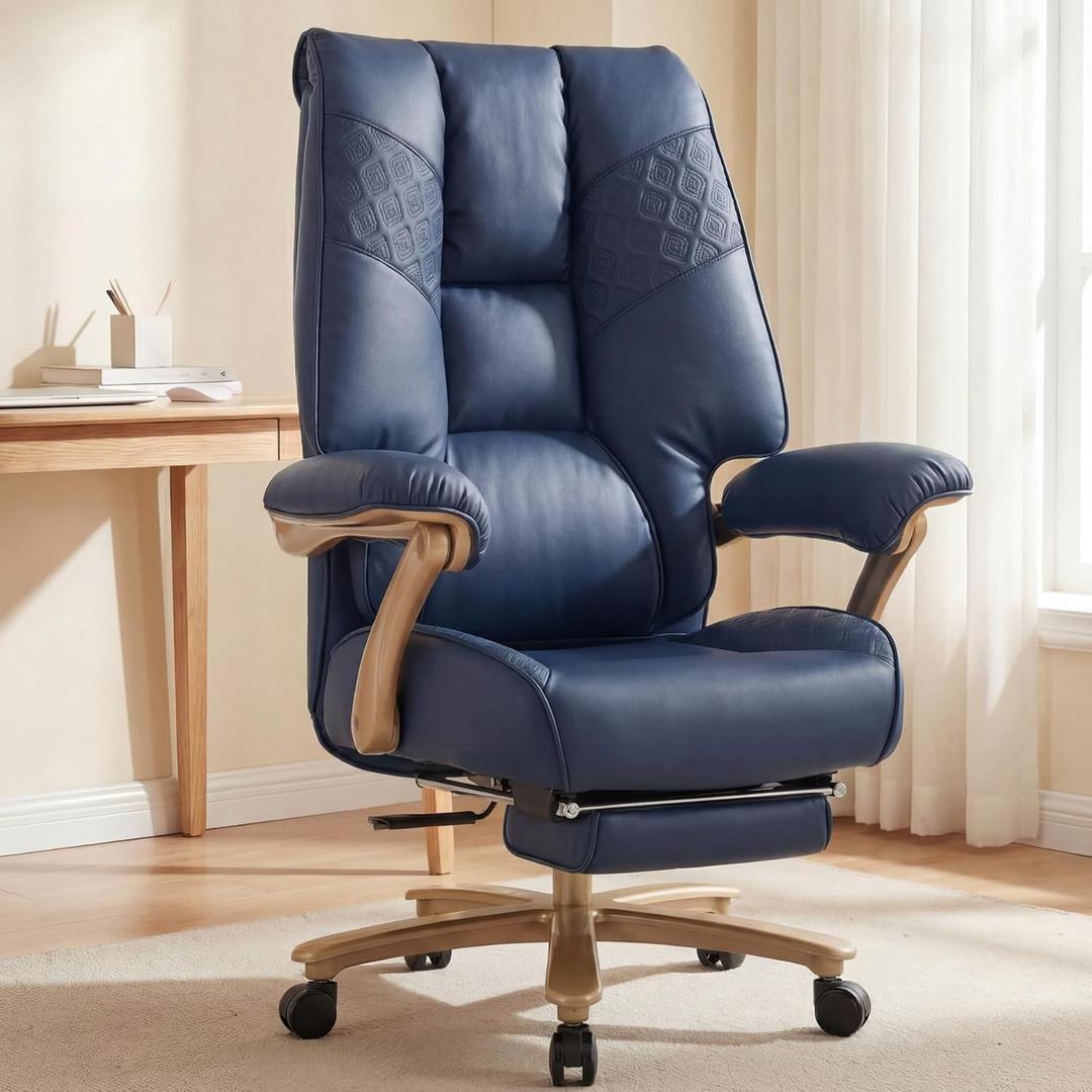 EXCEBET Big and Tall Office Chair 400lbs Wide Seat, Ergonomic Executive Desk Office Chair with Footrest, High Back PU Leather Chair with Lumbar Support, Padded Armrests, Heavy Duty Base, Blue