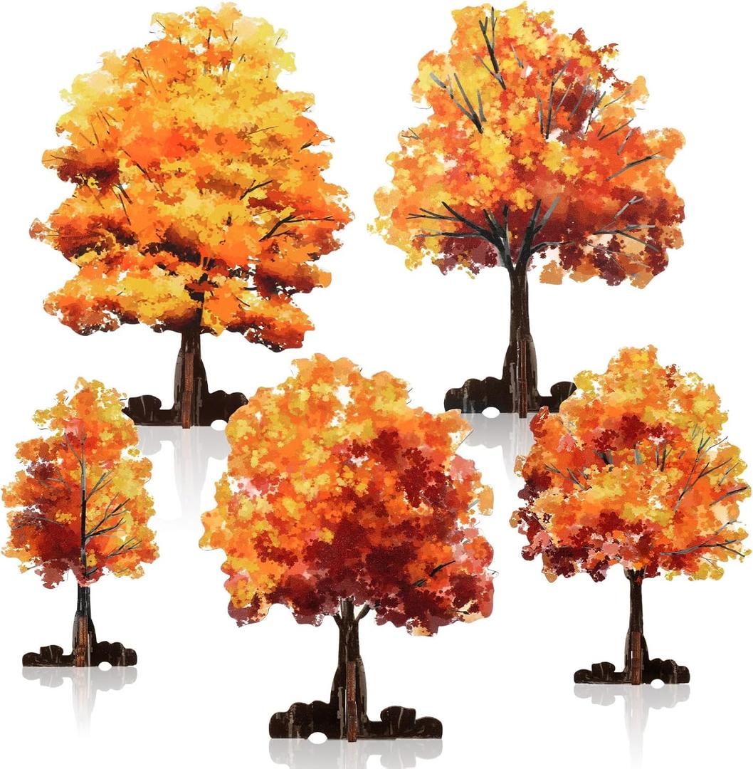 5 Pieces Mini Fall Maple Tree 2D 5 Size Autumn Artificial Miniature Trees Flat Wooden Village Fall Decoration Thanksgiving Tabletop Centerpieces Set for Indoor Home Harvest Wedding Party