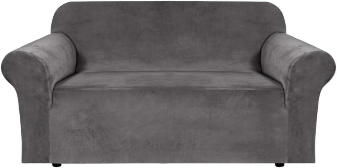 H.VERSAILTEX Stretch Velvet Loveseat Covers for 2 Cushion Couch Covers for Living Room Sofa Covers Slipcovers with Non Slip Bottom, Ultra Thick Comfy Velour (Width 58"-72", Grey)