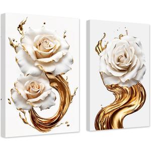 ZXHYWYM Abstract White & Gold Rose Wall Decor 2 Panels Elegant Blooming Rose Flowers Canvas Art Prints Paintings Modern Artwork Home Decor(White, (12.00" x 16.00" x 2PCS))