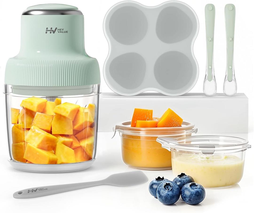 Baby Food Maker, HEYVALUE 13-in-1 Larger Baby Food Processor Set, Fruit, Vegatable, Meat, Glass Puree Blender, Food Freezer Tray, Silicone Spoons, Spatula,20 OZ(Green)