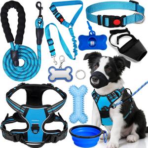 No Pull Dog Harness Adjustable Collar & Leash Set - Dog Halter Harnesses Collapsible Bowls & Poop Bag Dispenser Muzzle ID Tags Toys Fits Small Medium Large Dogs (Blue-M)