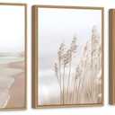 Neutral Beach Pampas Grass Wall Art Boho Coastal Canvas Wall Decor, Ocean Shore Landscape Scene Nature Wilderness Prints Artwork for Living Room Bedroom Framed Ocean Theme, Set of 3, 12x16 Inch