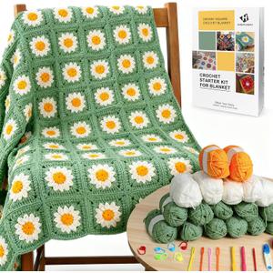 HHSarioneiro Crochet Blanket Kit for Beginners, Easy Granny Square Crochet Kit for Adults,with StepbyStep Instructions and Clear Videos, Includes Multiple Accessories, Gift for Craft Lovers