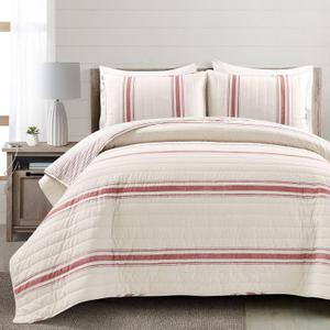 Lush Decor Farmhouse Stripe Reversible Cotton Quilt Set, 3 Piece Set, King, Red -- King Size Bedding Set - Farmhouse Bedroom - Red Quilt - Striped Bedding