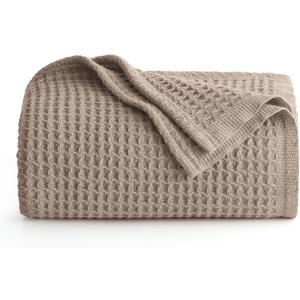 Bedsure 100% Cotton Blanket Twin XL Size for College Dorm - Breathable and Soft, Waffle Weave Twin Blanket for Summer, Dorm Room Essentials, Tan, 66x90 inches