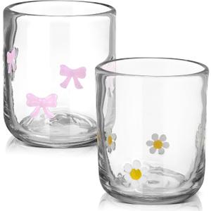 Skylety 2 Pack Icon Glass Cups Pink Bow Coquette and Daisy Flower Cups 14 Ounce Aesthetic Double Vintage Glasses for Woman Friend Party Scotch Liquor Cocktail Juice Water Drinks Party Favors