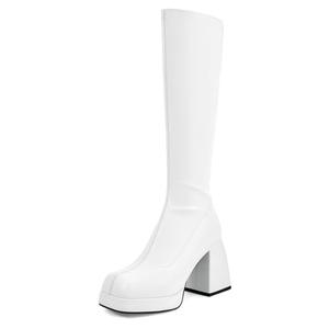 SOVANYOU White Knee High Boots Leather Tall Boots for Women White Gogo Boots of 70s Square Toe Stretch Boots Chunky Heeled Platform Boots (38 size) SOVANYOU White Knee High Boots Leather Tall Boots for Women White Gogo Boots of 70s Square Toe Stretch Boots Chunky Heeled Platform Boots (38 size)