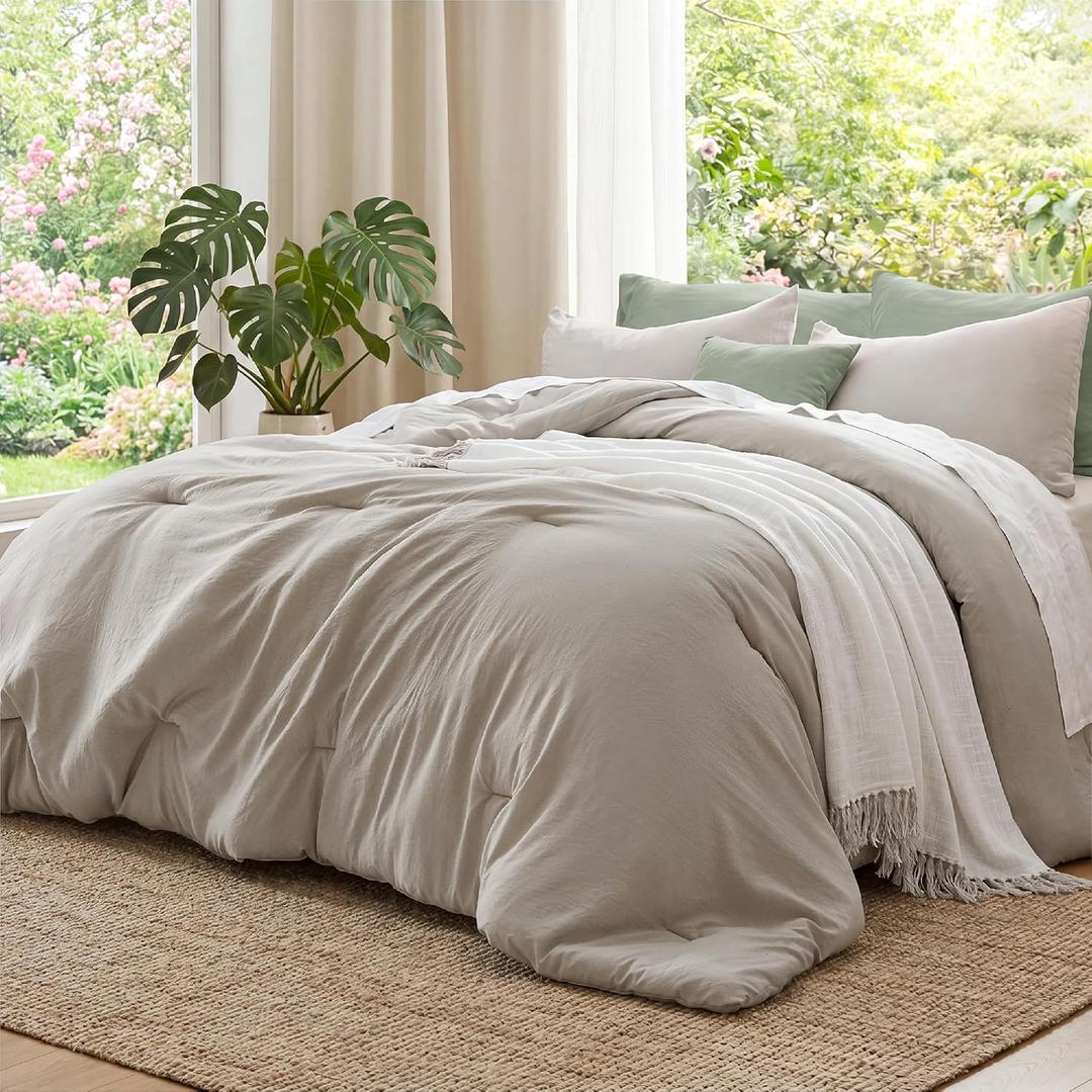 Bedsure Queen Comforter Set, Prewashed Bedding Light Taupe