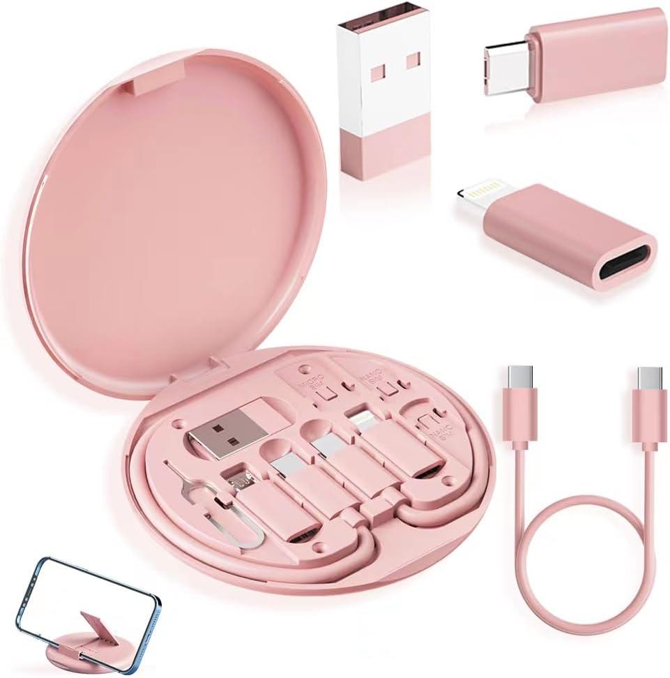 USB-C Travel Adapter Kit with Storage Box and SIM Card Holder, Lightning to C and Micro-USB to C Female, Short Cable, Fast Charge for iPhone and Android (Pink)