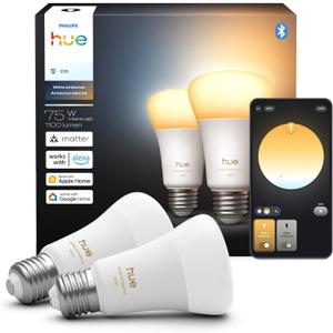 Philips Hue Smart LED A19 Bulb 2-Pack, White Ambiance, E26 Base, 9.5W, Full Spectrum Light 1000K-20000K, 1100 Lumens, Dimmable LED Bulbs, Works with Alexa, Google, and Apple Home