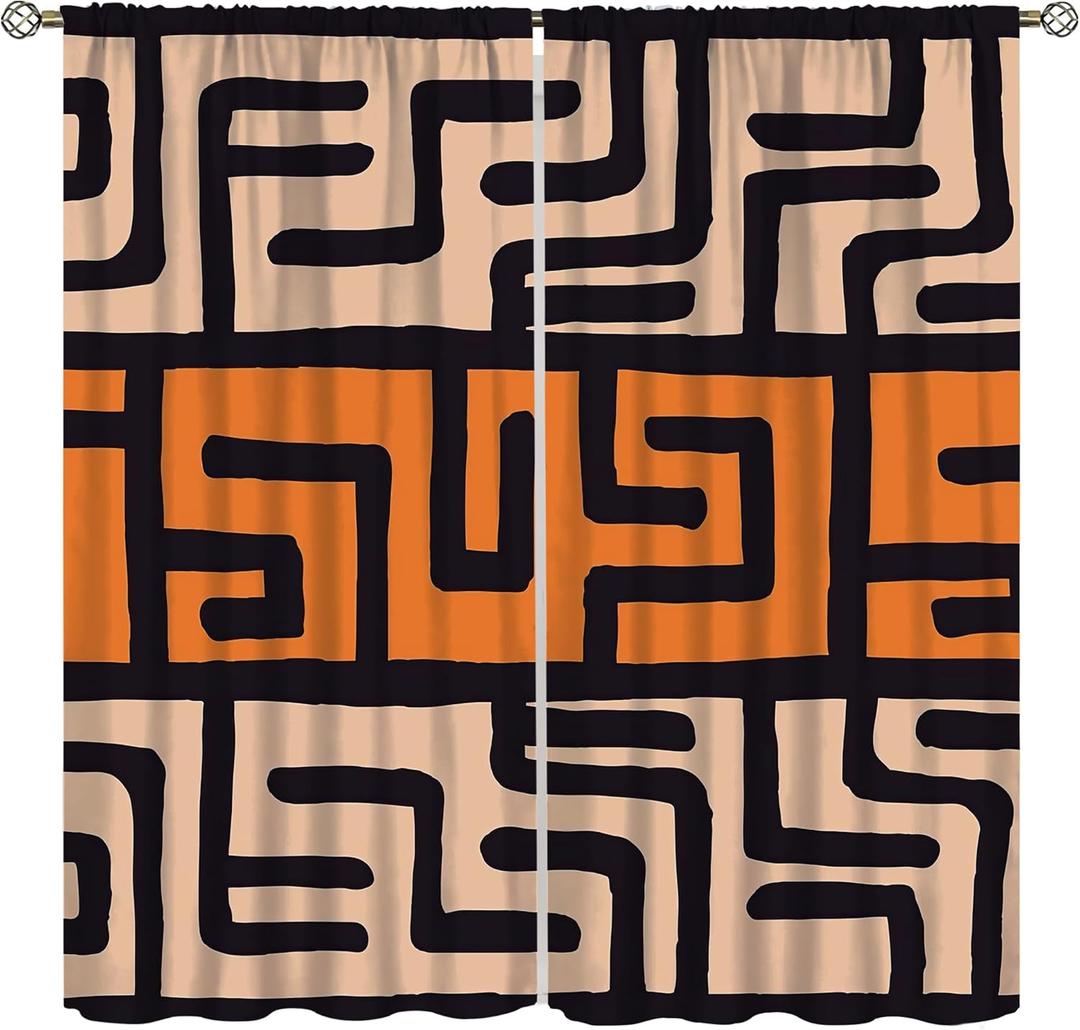 African Mudcloth Blackout Curtains, Boho African Geometric Abstract Vintage Kuba Geometric Abstract Farmhouse Brown, Bedroom Living Room Kitchen Curtains42X54 Inch (Style-6)