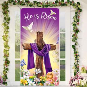 Happy Easter Day Decorations Door Cover He Is Risen Porch Sign Religious Door Cover Large Fabric Cross Door Cover Background for Jesus Spring Easter Party Decor 70.8 x 35.4 Inch