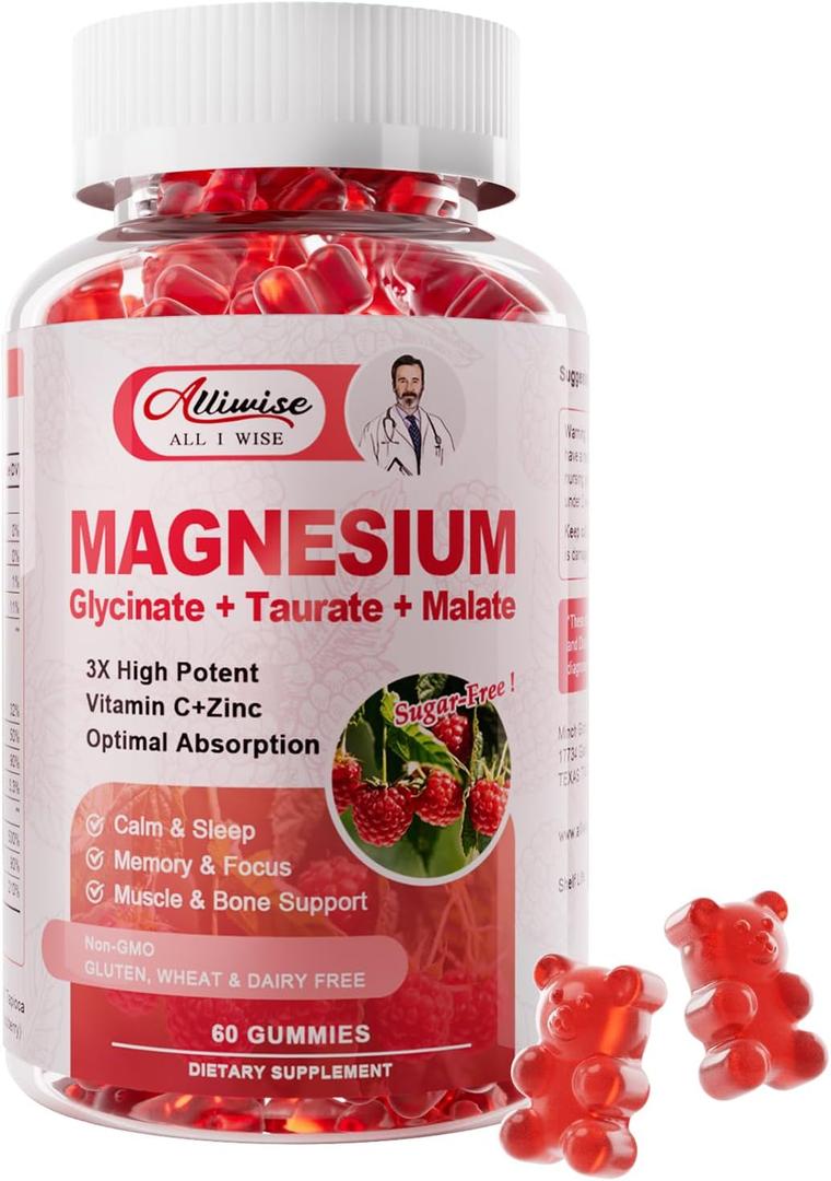 Magnesium Glycinate Gummies,Magnesium Potassium Supplement with Taurate, Malate, Vitamins D, C, B6, Calcium,Body Support,Raspberry Magnesium Gummies for Adults&Kids (60 Count (Pack of 1))