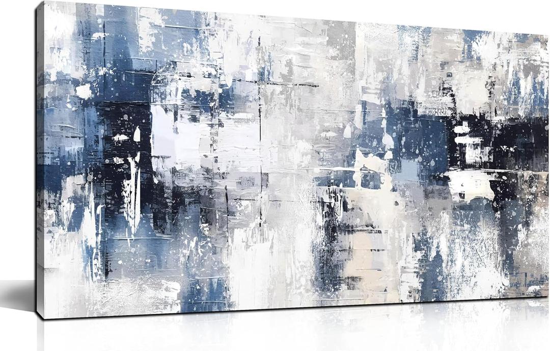 Prepeyssee White and Blue Abstract Canvas Wall Art for Living Room Bedroom Home Office Large Modern Grey Abstract Canvas Prints Picture Ready to Hang Size 20x40 (20L" x 40W", white)