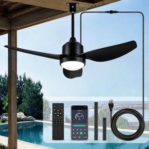 BZX Waterproof Outdoor Ceiling-Fan with Light - 52" Modern Ceiling Fans with 3 Colors LED Light, App & Remote Control, Quiet DC Motor, for Patios Gazebo, Black, Large