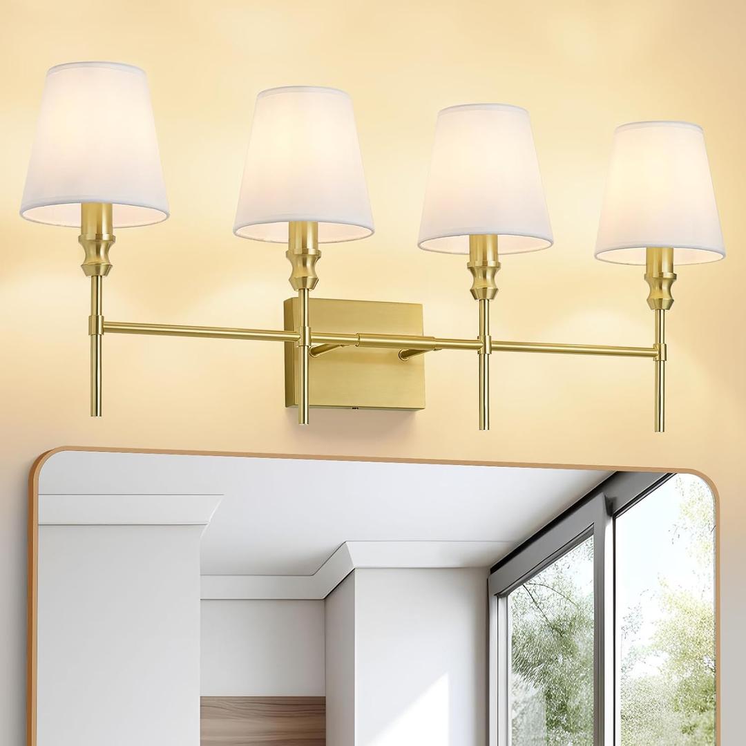 Bathroom Lights Over Mirror, 32.3 in 4-Light Bathroom Vanity Light, Brass Bathrooms Light Fixtures with Flared White Fabric Lampshade for Bedroom,Living Room,Dressing Table,Hardwired,E12 Base