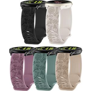 5 Pack 20mm Floral Engraved Watch Bands Compatible with Garmin Vivoactive 5 Watch Band/Vivoactive 6/3/3 Music Soft Silicone Sport Straps for Forerunner 55/165/245/645 Women Men